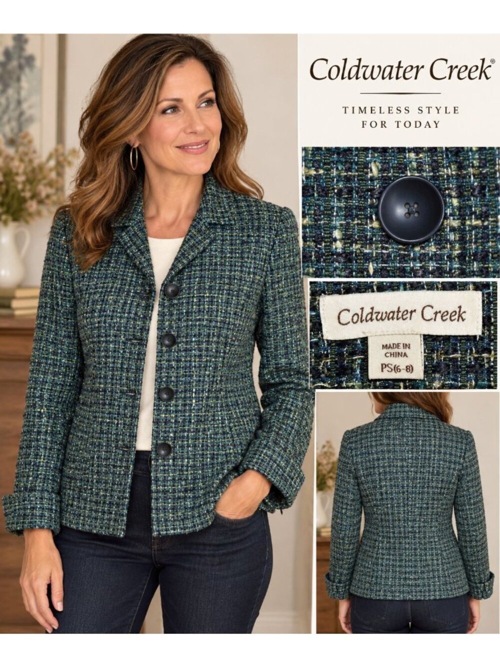 Coldwater Creek Womens PS 6-8 Teal Green Tweed Blazer Jacket Petite Lined